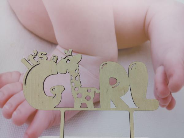 Cake topper "Its a girl with giraffe" made of wood for the birth